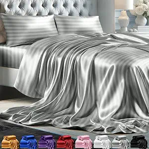 DECOLURE Satin Bed Sheets - 4 Piece Luxury Silky Queen Size Bedding Set - Softer Than Silk, Wrinkle-Free with 15��� Deep Pocket Fitted Sheet, Perfect for Hair & Skin, Gifts for Women (Striped Grey-01)
