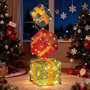 Pinkunn 3D 2.8 ft Lighted Gift Boxes Outdoor Decorations Set of 3, 50 LED Stackable Nesting Gift Boxes Battery Operated for Winter Outdoor Decoration(Blue, Red, Green,Vibrant Box Style)
