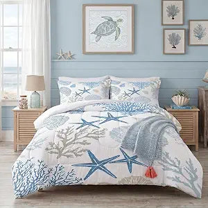 Coastal Comforter Set Twin Size Nautical Bedding for Kids Men Women, Beach Starfish Shell Quilt Bedroom Decor 1 Comforter 1 Pillowcase