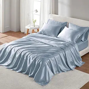 Madison Park Satin Sheets Cal King Size, Luxurious Silky Bed Sheets, Elastic 14" Pocket fits up to 16" Mattress, Wrinkle-Free, Soft Satin Bed Sheet Set, Blue 6 Piece