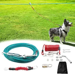 120FT Dog Run for Yard Heavy Duty with 10FT Tie Out Cable for Dogs, Outdoor Leash Trolley System for Large Dog to 300Lbs, Blue