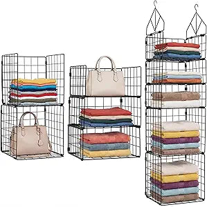 5 Tier Closet Hanging Organizers and Storage - 3 + 2 Tier Metal Storage Shelves with 2 Hooks for Storing Clothes, Jumpers, Socks, Handbags, Suitable for Wardrobes, Kitchens and Laundry Rooms
