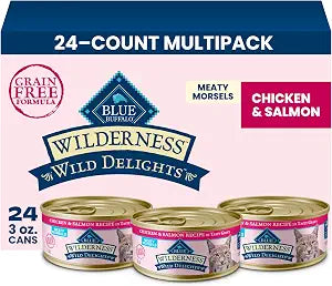 Blue Buffalo Wilderness Wild Delights Meaty Morsels Chicken & Salmon in Tasty Gravy Adult Wet Cat Food, High-Protein & Grain-Free Recipe with Natural Ingredients, 3-oz. Cans (24 Count)