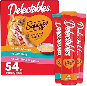 Delectables Squeeze Up Variety Pack, Creamy Squeezable Puree, Lickable Wet Cat Treats, Grain Free, No Fillers, by-Products, Preservatives, 0.5 Ounces Tube, 54 Tubes Total