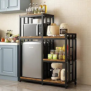 Kitchen Bakers Rack, 4-Tier+3-Tier Workstation Organizer Shelf, Free Standing Kitchen Utility Cart Storage Shelf Organizer Utility Microwave Stands Storage for SpiceRustic Brown