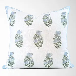 Tajik Home Genevieve Blue Block Print Lumbar Pillow Cover  22x22, 100% Cotton Floral Cushion Cover for Sofa or Bed, Farmhouse & Grandmillennial Decor