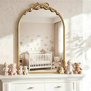 Gold Bow Arched Wall Mirror - Large Mirror with Metal Frame, Vintage Ornate Wall Decor for Nursery,Bathroom, Living Room, Fireplace, Entryway, 25"x16"