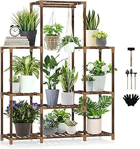 Uneedem Plant Stand Indoor Outdoor Tall Shelf for Multiple Plants 8 Tiers 12 Pot Large Rack Pine Wood Corner Plant/Flower Holder for Room Corner Balcony