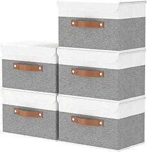 OUTBROS Large Collapsible Storage Box with Lid, Linen Fabric Wardrobe Organiser, Containers For Towels, Clothes, 15 x 9.8 x 9.8 inch (White/Grey, 5-Pack)