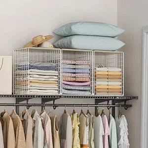 Hencawima 3-Pack Taller Stackable Closet Organizers and Storage with Wood Top,White | Wire Storage Bins for Clothes, Double Storage Design, Sturdy Metal Cube Shelf Organizer for Closet Wardrobe-Black
