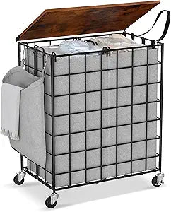 Laundry Basket with Wheels, Heavy Duty Laundry Sorter 2 Sections, Large Capacity 120L (32Gal.) Laundry Hamper with Wood Lid, 360 Rolling Wheels, Extra Side Pocket, Leather Pull Handle, Grey