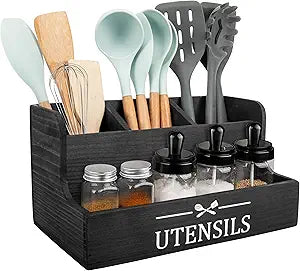 RedCall Extra Large Kitchen Utensils Holder 4 Compartments,Wood Utensil Organizer for Kitchen Countertop,Farmhouse Cooking Utensil Holder with Spice Storage space (Black)