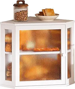 Corner Bread Box for Kitchen Countertop,Bread Storage for Homemade Bread, Double Layer Large Bamboo Kitchen Storage Bin with Window (White, Medium)