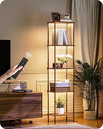 Display Shelf with Light, 5-Tier Modern Shelf Lamp, Corner Floor Lamp with Shelves, Dimmable LED Floor Lamp for Living Room with Remote, 3CCT, Timer, Wooden Corner Shelf Lamp, F52LD05