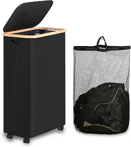 iEGrow 74L Slim Laundry Hamper with Wheels,Clothes Hamper for Laundry,Laundry Basket with Lid & Inner Bag,for Laundry Room, Bedroom, Dormitory Organization,Black