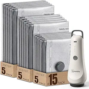 Travel Vacuum Bags for Clothes with Cordless Pump - 15 Pack Reusable Compression Packing, Save 80% Luggage for Suitcase Carry-On & Bedding (15 Combo Travel Size)
