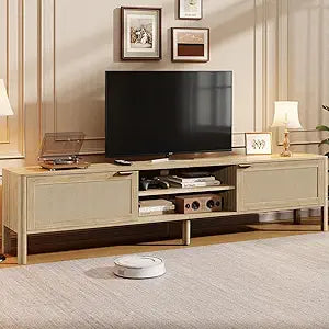 IKALIFE Rattan TV Stand for Living Room - Fits up to 65 Inch TVs, Rattan Media Console Table with Adjustable Shelves & 2 Storage Cabinets, Mid-Century Modern Entertainment Center, Oak 58"