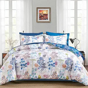 Anibedding 7Pieces Queen Comforter Set, Blue Botanical Bed in a Bag Complete Set with Sheet Pillowcase for Bedroom All Season