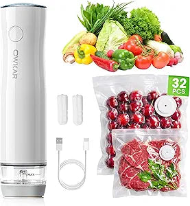 Portable Handheld Vacuum Sealer for Food with 32 Reusable Bags, Compact & Powerful Food Vacuum Sealer with Visible Liquid Tank, Digital Display and 6X Freshness Lock for Meal Prep & Storage