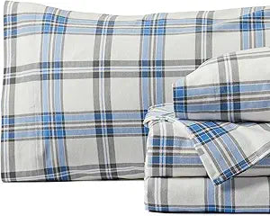 Springtree Home Luxury Portuguese Flannel Sheets | Queen Size Flannel Sheets | 100% Cotton | Ultra-Soft, Warm & Breathable Sheet Set | Deep Pocket, Durable & Cozy Winter Sheet Set | Plaid - Blue