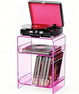Acrylic Record Player Table with Storage Shelf, Clear Side Table Nightstand (Pink, Medium)