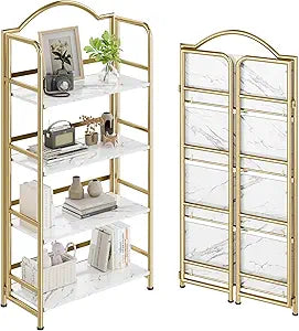 No-Assembly Gold Folding Bookshelf Storage Shelves 4 Tiers Vintage Multifunctional Plant Flower Stand Storage Rack Shelves Bookcase for Home Office