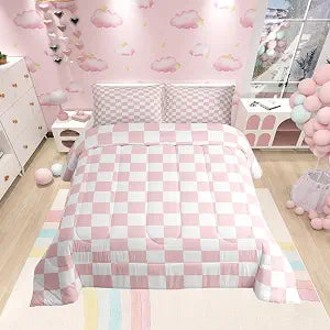 Manfei Pink White Grid Comforter Set Full Size, Reversible Geometric Plaid Square Bedding Set 3pcs, Kids Girls Princess Room Decor, Soft Lattice Checkerd Down Comforter for All Season, 2 Pillowcases
