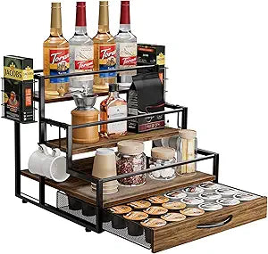 Coffee Syrup Organizer Rack, 4-Tier Syrup Bottle Holder Stand with 36 K Cup Pod Drawer Storage for Coffee Bar, 12 Bottles Storage Shelves for Syrup, Wine, Dressing for Kitchen Coffee Station