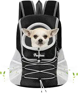Pawaboo Pet Dog Carrier Backpack, Puppy Dog Travel Front Carrier for Small Medium Dogs Cats, Adjustable Breathable Dog Carrying Backpack with Safety Strips for Hiking, Walking (Black + Grey, S)