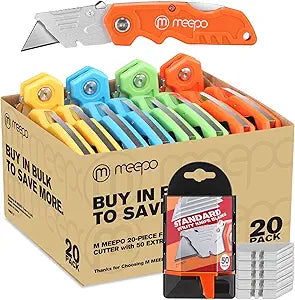 M MEEPO Box Cutter, 20-Pack Tough Folding Box Cutter Bulk for Heavy Duty Purpose, Razor Sharp Utility Knife Bulk, with Extra 50-Piece Blades, Can cut Drywall, Sheet Plastic, Linoleum, Boxes, Rope