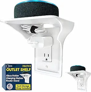 BeraTek Power Perch Wall Outlet Shelf with Cord Storage - Space Saving Socket Shelf for Bedroom, Bathroom, Kitchen - Alexa Stand, Echo Dot Shelf, Apple HomePod Mini Wall Mount - White, 2 Pack
