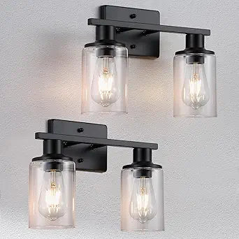 2 Pack Matte Black Bathroom Light Fixtures Over Mirror,2-Light Bathroom Vanity Light with Clear Glass Shade,Modern Farmhouse Wall Sconces Lighting for Mirror Kitchen Living Room Cabinet