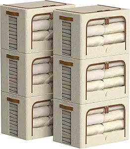 FHSQX 6 Pack Clothes Storage Bins - Foldable Storage Bins for Clothes Fabric Storage Box with Metal Frame (Beige, 16.5x12.2x12.2 inch)