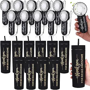 20 Pack Thank You for Being Awesome Tumblers and Mini Handheld Fans Employee Appreciation Gifts Bulk, Thank You Gift Set for Coworkers, Staff, Teacher, Nurse, Volunteer and Social Worker(Black)
