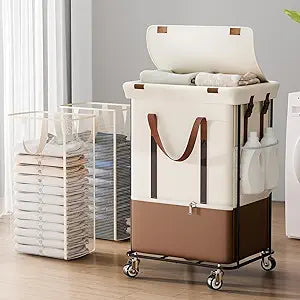 Double Laundry Hamper with Lid, Rolling Laundry Basket with Wheels and 2 Removable 75L Bags, 2 Section Large Capacity for Laundry Bedroom Bathroom Dorm, Easy Move & Organize,150L White