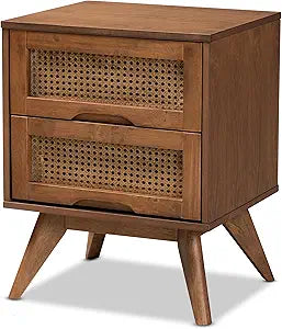 Baxton Studio Barrett Mid-Century Modern Walnut Brown Finished Wood and Synthetic Rattan 2-Drawer Nightstand