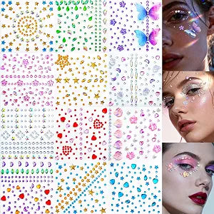 Face Gem Stickers,12 Sheets Self-Adhesive Face Rhinestones for Makeup