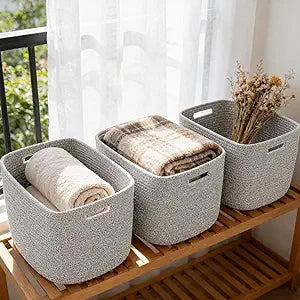 3 Pack Woven Rope Storage Baskets for Organizing,13.5"11"9.5"Storage Bins for Shelves,Perfect for Toys,Books,Towels,Clothes,Empty Gift Baskets for Nursery,Living Room&Bedroom(Mix Grey)