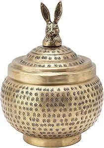 Round Hammered Metal Container with Rabbit Finial, Brass Finish