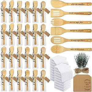 Funnymoom 24 Sets Bridal Shower Party Favors Kitchen Utensils Set Kitchenware Bamboo Wooden Spoon Artificial Eucalyptus Stem Waffle Towel & Thank You Tag for Guests Prizes Wedding Baby Shower