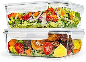 GEHE 9.8 Cup / 78 Oz Large Glass Food Storage Containers with Lids, 2 Pack Glass Meal Prep Containers Set with Airtight Locking Lids - Storing Food, Baking, Leakproof, Freezer, Microwave & Oven Safe
