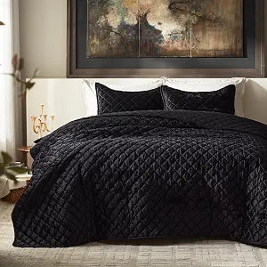 Cosybay Luxury Velvet Quilt Set Queen, Lightweight Oversized Bedspread Coverlet Quilted Box Stitch Bedding Set, with 2 Matching Pillow Shams, for All Season, Black