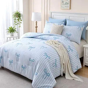 Bow Comforter Set Twin Size Blue White Striped Bow Print 2PCS