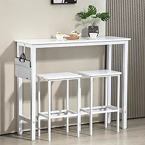 Finnhomy 47" Industrial Bar Table Set with 2 Stools - Counter Height Dining & Pub Table for Small Spaces, Kitchen, Apartment, Breakfast Nook - Metal & Wood, Space-Saving Furniture - White
