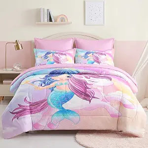 WeCozy Twin Size Comforter Set with Pillowcase & Sham, Cute Unicorn Mermaid 5 Pcs Bedding for Kids and Teens, Love Kids Rainbow Bed in a Bag with Flat Fitted Sheet