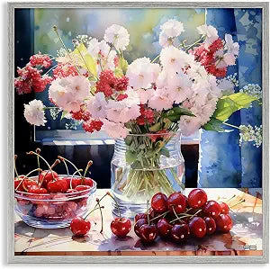 Floral Cherries Summer Blossoms, 17 x 17 Inch Framed Gicle Print