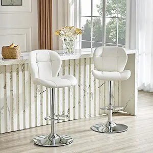 Modern Bar Stools Set of 2, Adjustable Height PU Leather Swivel Bar Chairs with Ergonomic Backrest and Footrest, Counter Height Barstools for Bar Kitchen Dining Room Island