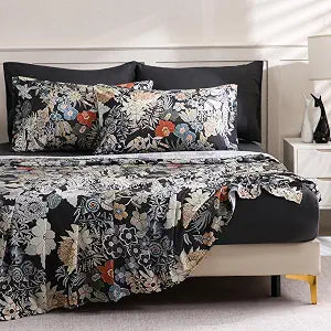 LONAVA Flower California King Size 6 Pcs Sheet Set, Breathable Microfiber Deep Pocket Black Fitted Sheets, Comfy & Breathable Patterned Flat Sheets,4 Gentle Soft Pillowcases, Midnight Blossoms