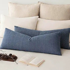 Foindtower Set of 2 Decorative Linen Check Throw Pillow Covers Neutral Long Body Lumbar Cushion Covers Farmhouse Vintage Home Decor for Sofa Chair Couch Bedroom Living Room,1436 Inch,Blue