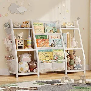 Kids Bookshelf and Toy Storage Organizer, Triangle Frame with Extra Wide 3-Tier Sling Pockets, Freestanding Montessori Book Display Rack for Toddler Room, Nursery, and Playroom, White